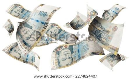 hand holding new bills peruvian money floating in the air on white background Royalty-Free Stock Photo #2274824407