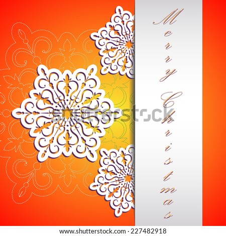 Red and yellow new year greeting card with paper tape and snowflakes