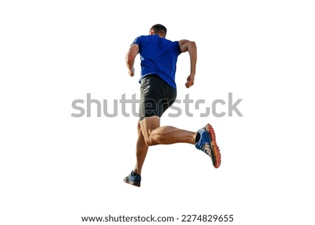 back athlete runner in blue shirt and black tights running mountain, cut silhouette on white background, sports photo