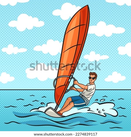 Man doing windsurfing water sport pinup pop art retro vector illustration. Comic book style imitation.