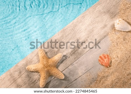 Shells seen from above on a wooden pavement above a pool with a starfish. Atmosphere vacations in summer.	
