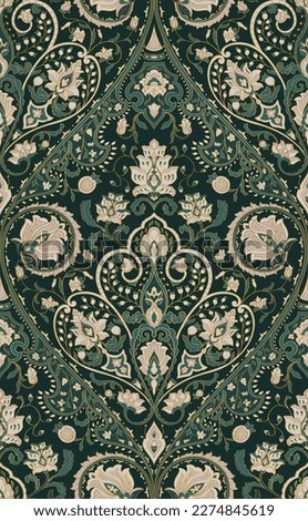 Seamless pattern with ornamental flowers. Green floral damask ornament. Background for wallpaper, textile, carpet and any surface.