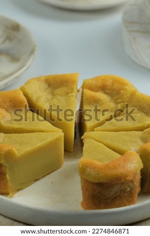 Close up bolu kemojo or bolu kojo durian. Traditional snack from Indonesia on white background.