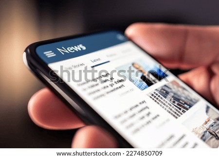 News online in phone. Reading newspaper from website. Digital publication and magazine mockup. Press feed with latest headlines in digital web portal. Reader watching media website in smartphone. Royalty-Free Stock Photo #2274850709