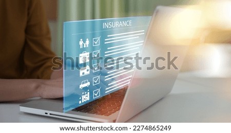 Concept of Online insurance. woman holding and giving insurance and assurance icon including family health real estate car and financial for risk management concept. Online insurance.