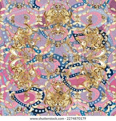 Seamless pattern on pink, neutral and blue colors with golden elements. Damask seamless pattern for design.