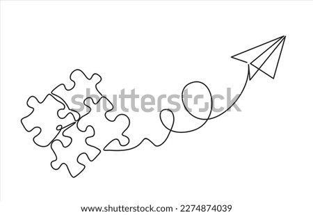 Continuous one line drawing of a groupe piece jigsaw and paper plane on a white background. Puzzle game symbol and iconic business metaphor for problem solving, solution and strategy.
