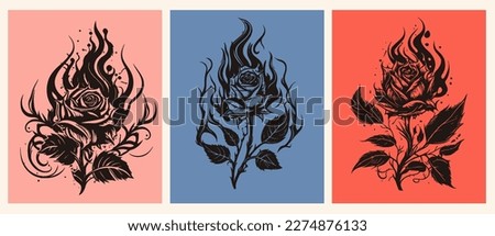 The rose is hand-painted on an isolated background. Three times in the flame of fire. A burning rose. Vector illustration