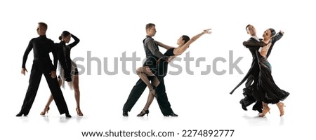 Collage. Stylish beautiful young people, men and women in black outfits dancing, performing tango and ballroom dance isolated over white background. Concept of art, movements, retro fashion, culture Royalty-Free Stock Photo #2274892777