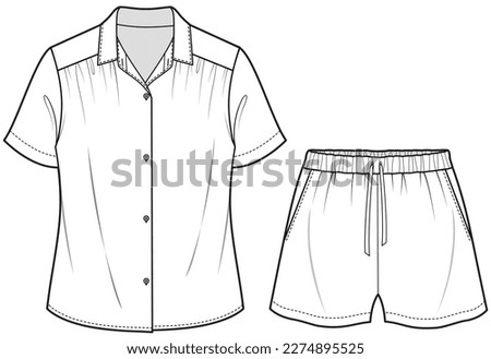 womens short sleeve pajama shirt and drawstring elastic waist shorts sleepwear set flat sketch vector illustration technical cad drawing template Royalty-Free Stock Photo #2274895525