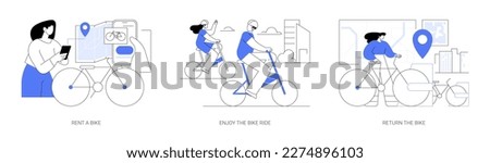 City bike rental abstract concept vector illustration set. Rent a bike with smartphone app, cycling around city streets, return bicycle to the station, vehicle sharing service abstract metaphor. Royalty-Free Stock Photo #2274896103