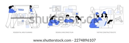 Private house building abstract concept vector illustration set. Residential area planning, design living space, architects visiting construction site, real estate project abstract metaphor.