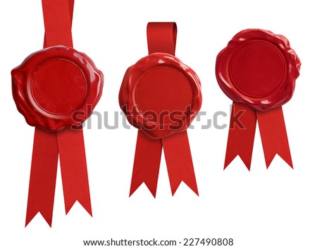 Red wax seal stamps with ribbon isolated on white Royalty-Free Stock Photo #227490808