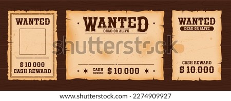 Western wanted banners with reward on wood background. Old Wild West cowboy search poster vector template, vintage dead or alive wanted sign of sheriff criminal notice with grunge paper texture Royalty-Free Stock Photo #2274909927