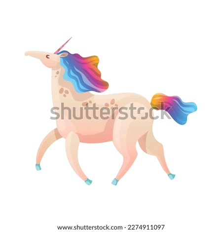 Magical unicorn with rainbow color tail and mane cartoon vector illustration