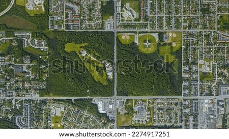 City, Forest and Park, urban forest aerial view, Russian Jack Springs Park, looking down aerial view from above – Bird’s eye view Russian Jack Park, Anchorage, Alaska, USA Royalty-Free Stock Photo #2274917251