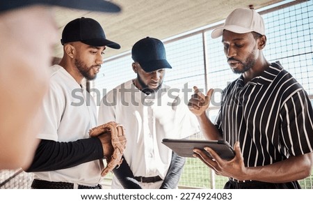Sports group, planning or baseball coach with strategy ideas in training or softball game in dugout. Leadership, formation on tablet or black man with athletes for fitness, teamwork or mission goals
