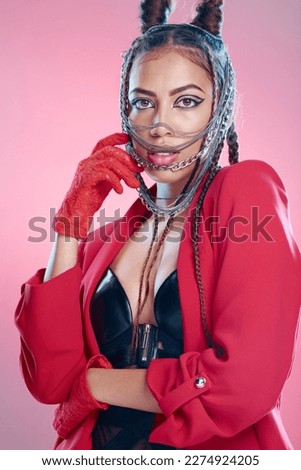 Punk, goth fashion and portrait of a young woman with creative designer, teen and edgy clothing. Isolated, pink background and gen z model with cool beauty, bdsm rocker and funky style in a studio