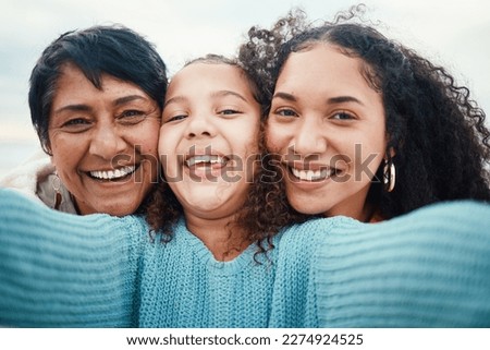 Happy family, portrait and selfie by girl with mother and grandmother outdoors together. Travel, face and picture with females on vacation in Bali, relax and bonding, carefree and embracing for photo