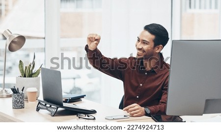 Sign and small gesture by happy businessman on a laptop, cheerful and excited in an office. Hands, emoji and little symbol by asian leader with idea for startup, mission or problem solving