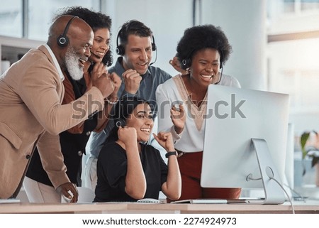 Team goals, happy people or call center with success in celebration for target, winning bonus or achievements. Excited group of consultants, sales agents or friends with support, motivation or pride Royalty-Free Stock Photo #2274924973