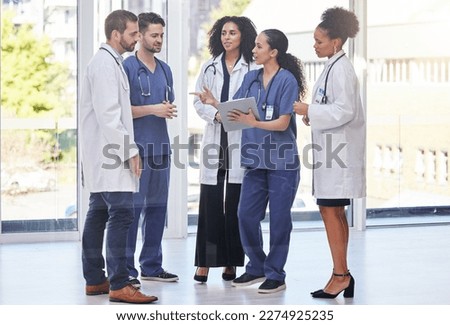Doctors, diversity team and discussion in clinic for surgery planning, agenda report and medical schedule. Healthcare group, hospital employees and paperwork for expert help, results or collaboration