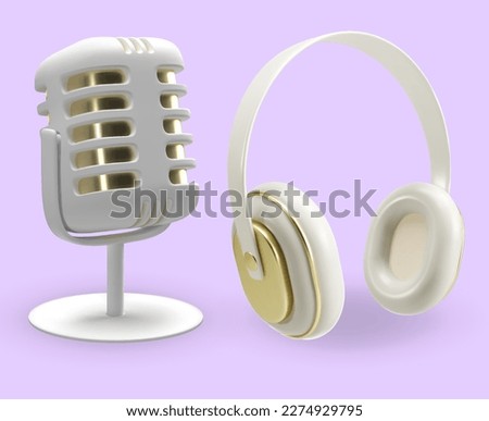 Vector set of microphone and headphones. 3d audio equipment. Render illustration