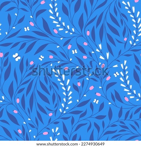 Vector seamless floral pattern with pink flowers and white butterflies on a blue background