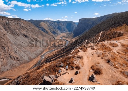 Aerial top panorama Katu Yaryk pass and valley river of Chulyshman, Altai Republic, Russia.