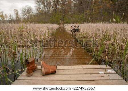 Brown boots sit at the edge of a flooded boardwalk in a swampy area in the Royal Botanical Gardens
