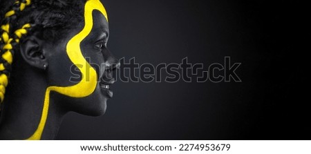 The Art Face. Make a mixtape cover design - Download high resolution picture with black and yellow body paint on african woman for your music song. Create album template with creative Image.