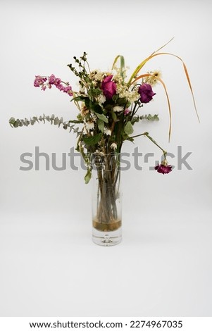 Dying Flowers in Clear Glass Vase with White Background, including Roses Royalty-Free Stock Photo #2274967035