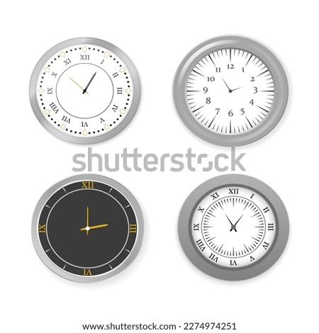 Modern realistic round wall clocks, black watch face and time watch mockup. White and black wall office clock icon set. Mock-up for branding and advertising. Vector illustration, EPS 10.