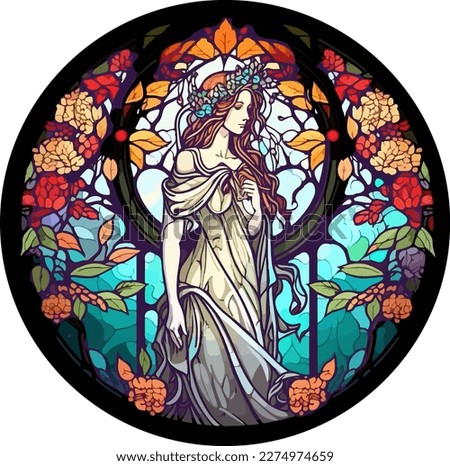 Vector of the Greek goddess Persephone with floral motif, round stained glass window Royalty-Free Stock Photo #2274974659