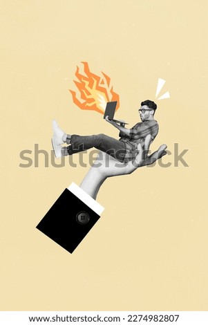 Creative image collage sketch picture of clever man nerd use modern netbook sitting palm boss woman arm isolated on painted background