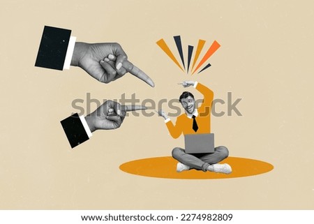Creative 3d collage image picture poster two arms indicating funny happy man blaming failure force work hard isolated on painted background