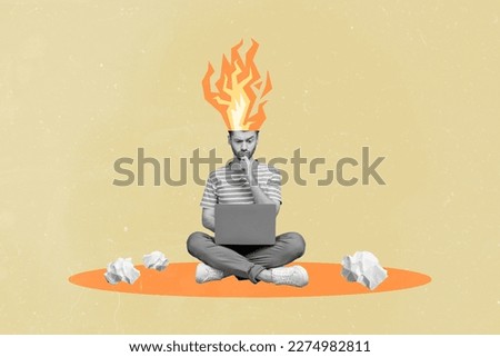 Creative drawing 3d sketch collage image picture of minded man netbook user worker sitting solving hard task isolated on painted background