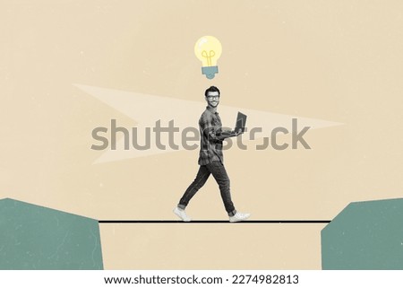 Creative collage picture template of positive clever guy solving task use netbook project startup isolated on painted background