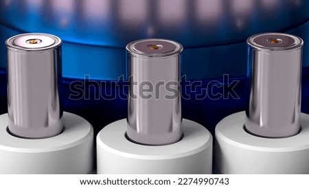 close up 4680 format cylindrical Li-Ion traction batteries for modules, mass production accumulators high power and energy for electric vehicles, Mass production line,use dry electrode, 3d rendering Royalty-Free Stock Photo #2274990743