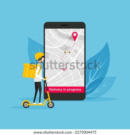Fast delivery man on electric scooter. Tracking the movement of the courier on a map. Ordering by mobile app. Going according to the gps. Vector illustration.