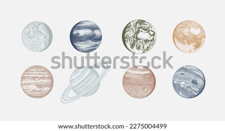 Planets in solar system. Moon and the sun, mercury and earth, mars and venus, jupiter or saturn and pluto. astronomical galaxy space. engraved hand drawn in old sketch, vintage style for label. Royalty-Free Stock Photo #2275004499