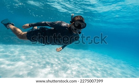 young man snorkeling in the great barrier reef Royalty-Free Stock Photo #2275007399