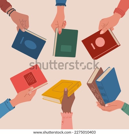Books exchange or crossing concept. Hands holding books. People exchanging, borrowing and recommending literature. Hand drawn vector illustration isolated on light background, flat cartoon style.