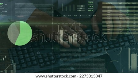 Image of financial data processing and world map over man typing on computer keyboard. global business and finances, technology concept digitally generated image.