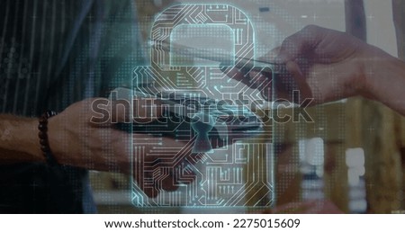 Image of network security padlock over people using payment terminal. global communication and data security concept digitally generated image.