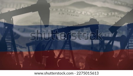 Image of pump jacks over flag of russia. Oil business, energy, transport, finance and economy concept digitally generated image.