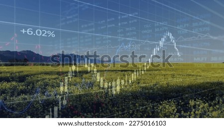 Image of financial data processing over countryside. global environment, sustainability and finance concept digitally generated image.