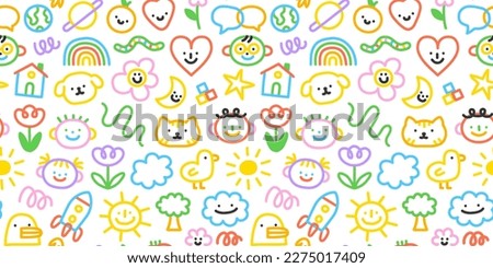 Colorful funny children doodle icon seamless pattern. Cute happy kid drawing symbol wallpaper print, diverse education concept background illustration texture.