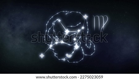 Image of virgo sign with stars on black background. Zodiac signs, stars and horoscop concept digitally generated image. Royalty-Free Stock Photo #2275023059