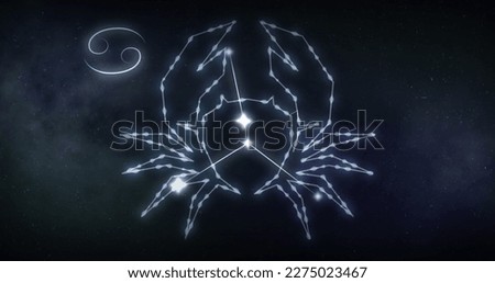 Image of cancer sign with stars on black background. Zodiac signs, stars and horoscop concept digitally generated image. Royalty-Free Stock Photo #2275023467